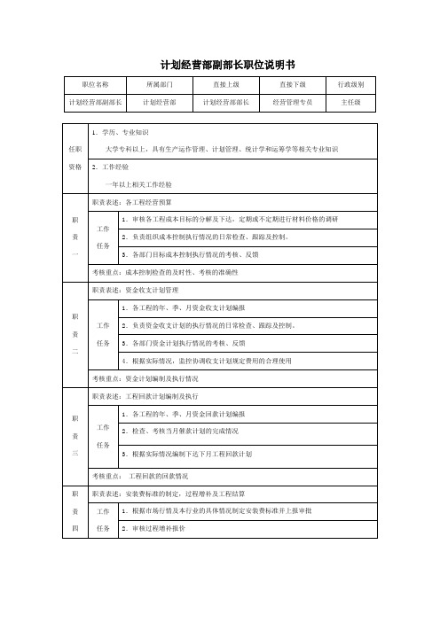 计划经营部副部长岗位职责