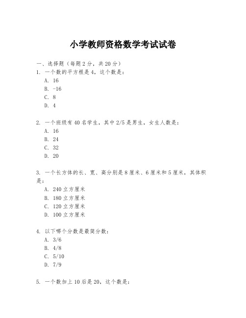 小学教师资格数学考试试卷