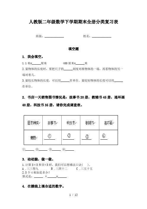 人教版二年级数学下学期期末全册分类复习表