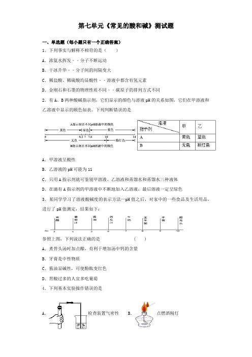 鲁教版化学九年级下册第七单元《常见的酸和碱》测试试题(含答案)