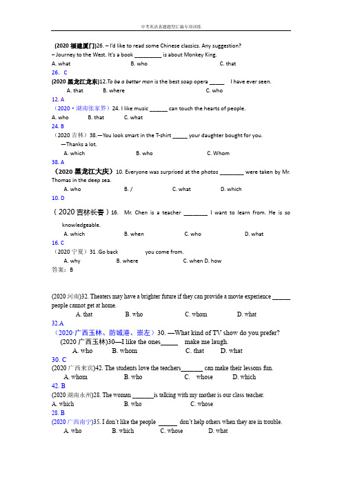 中考英语真题单项选择精讲十九、定语从句