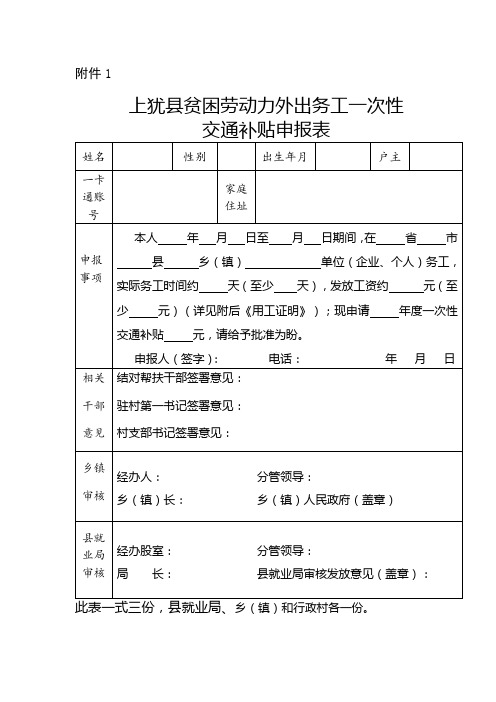 贫困劳动力外出务工一次性交通补助申报表