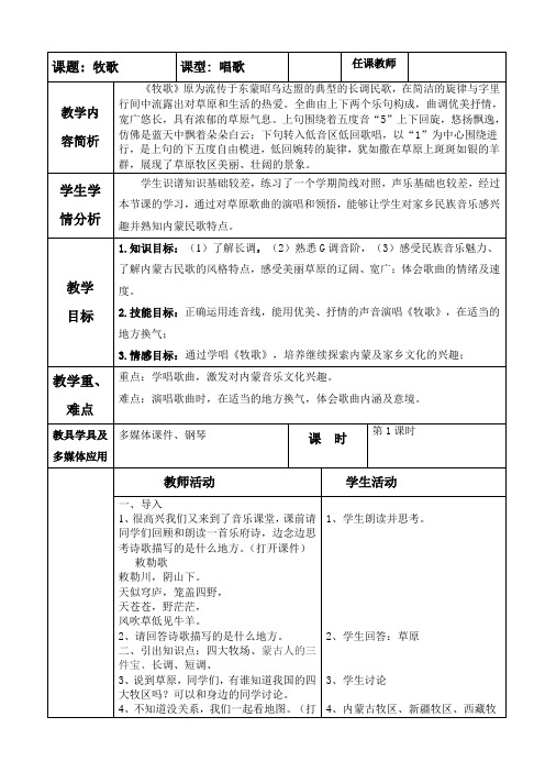2020—2021学年人教版八年级下册音乐(简谱)第4单元《牧歌》实用表格教案