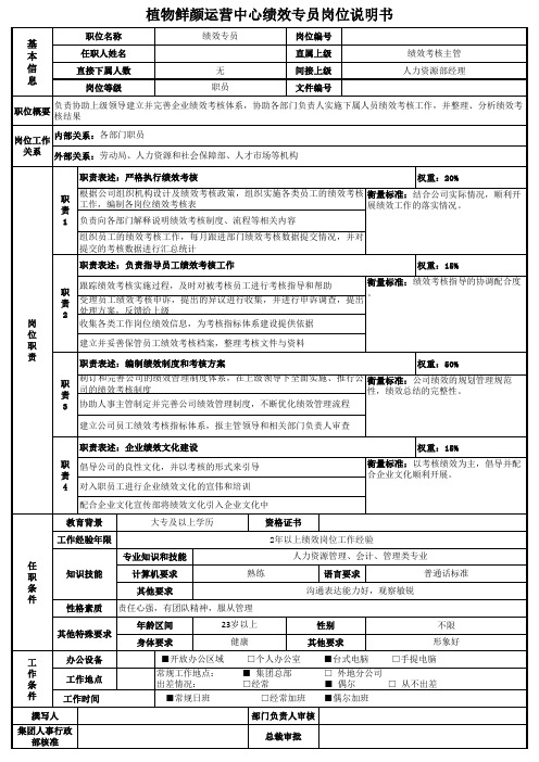 植物鲜颜运营中心绩效专员岗位说明书