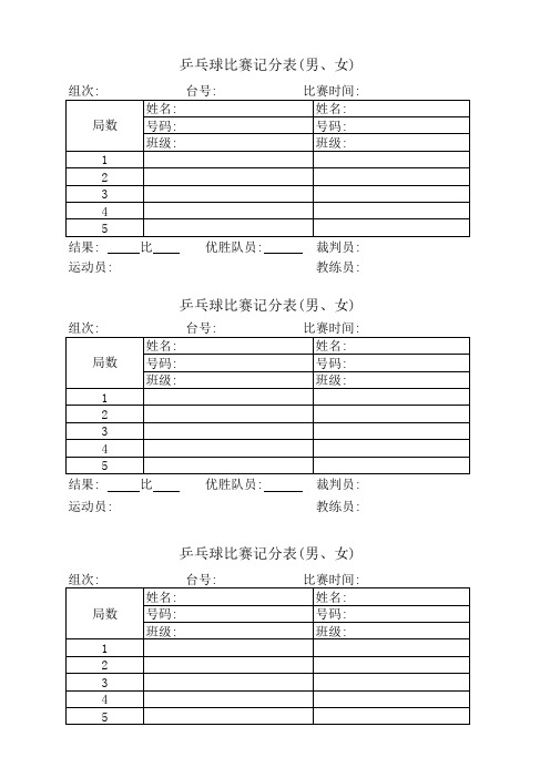 乒乓球比赛记分表