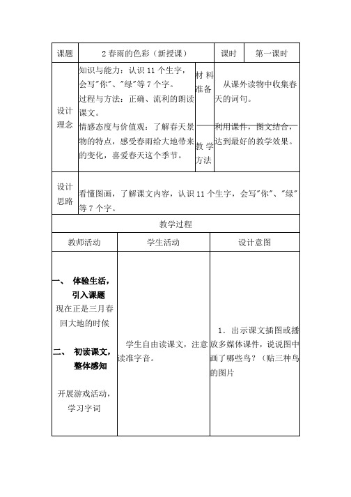 人教版小学语文一年级下册教案：2春雨的色彩(新授课)