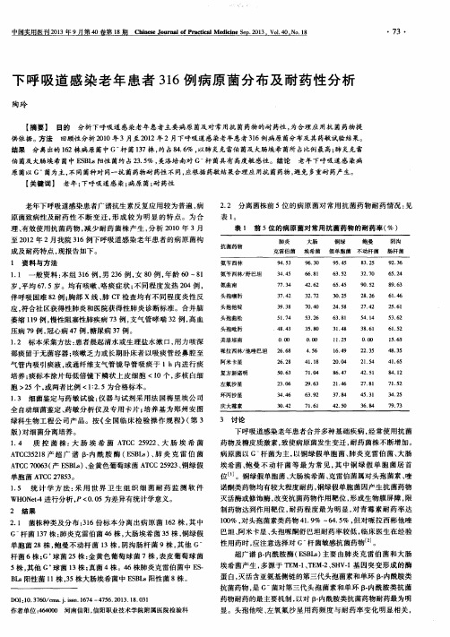 下呼吸道感染老年患者316例病原菌分布及耐药性分析