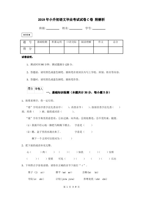 2019年小升初语文毕业考试试卷C卷 附解析