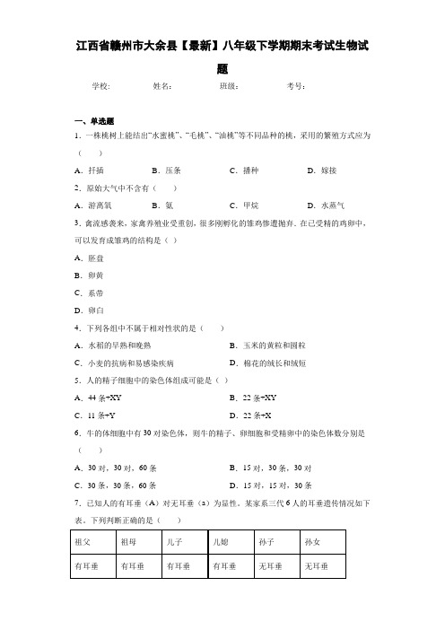 江西省赣州市大余县【最新】八年级下学期期末考试生物试题