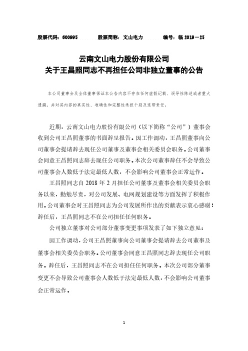 文山电力：关于王昌照同志不再担任公司非独立董事的公告