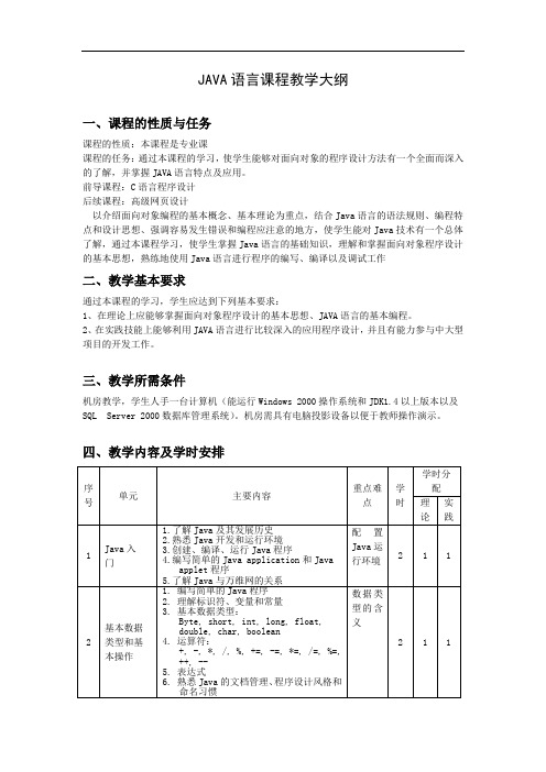 JAVA语言课程教学大纲