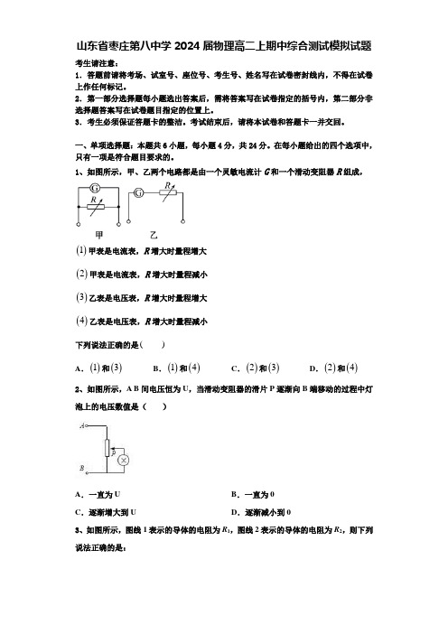 山东省枣庄第八中学2024届物理高二上期中综合测试模拟试题含解析