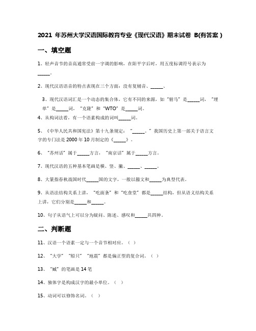 2021年苏州大学汉语国际教育专业《现代汉语》期末试卷B(有答案)