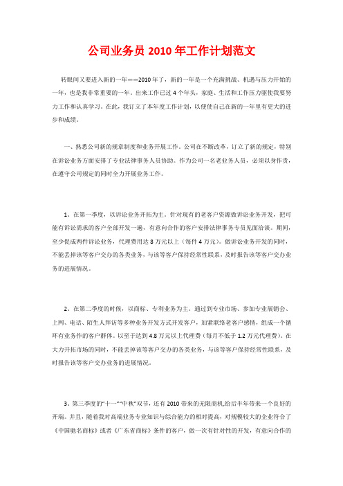 公司业务员2010年工作计划范文