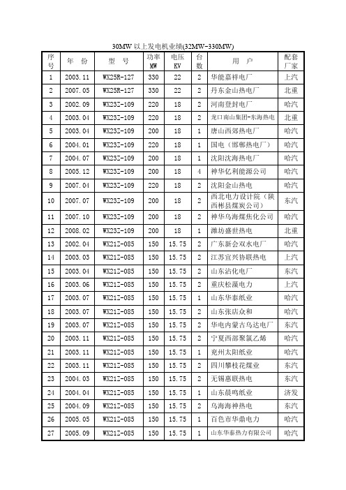 30MW以上发电机业绩资料