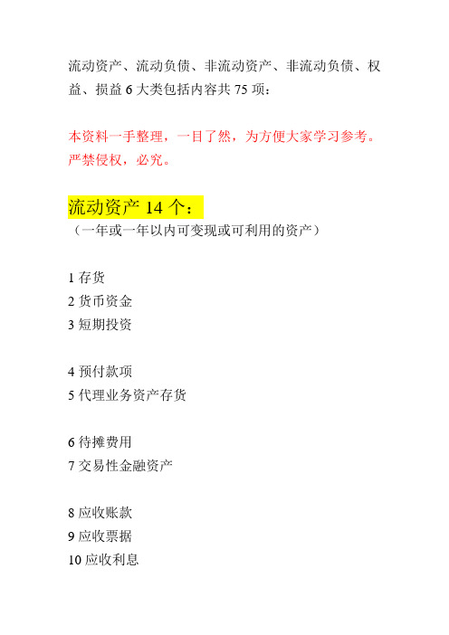 流动资产和非流动资产,流动负债和非流动负债,权益和损益6大项各项内容(一手整理)