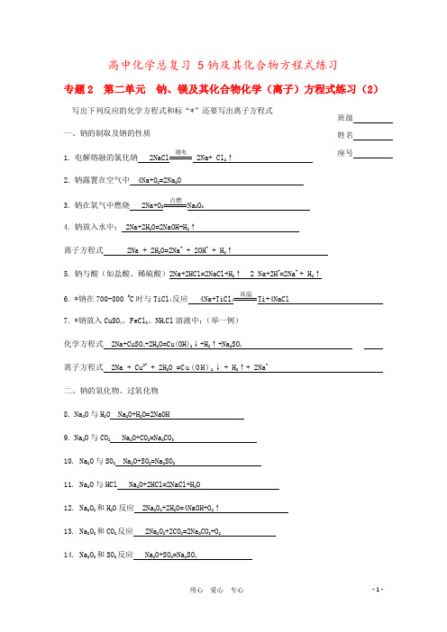 高中化学总复习 5钠及其化合物方程式练习