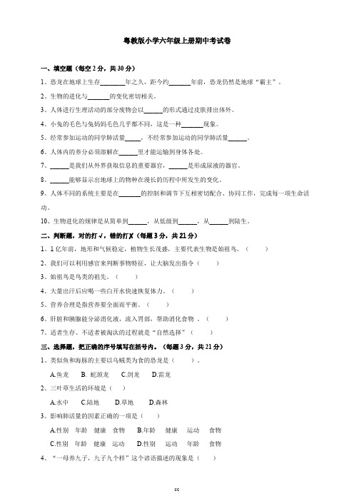 粤教粤科版小学科学新六年级上册科学期中考试卷