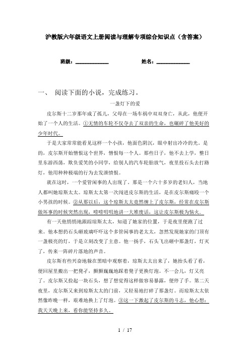 沪教版六年级语文上册阅读与理解专项综合知识点(含答案)