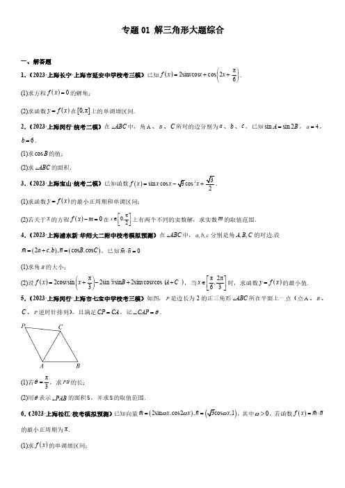 2024年上海数学高考一轮复习必刷大题 专题1 解三角形大题综合含详解