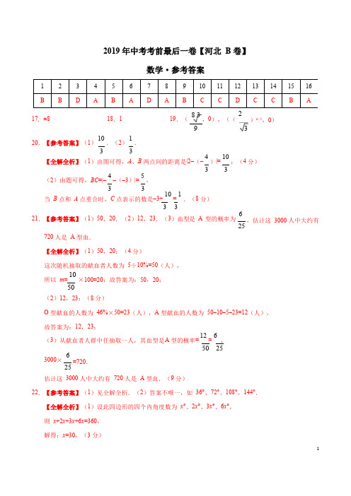 【试题猜想】2019年中考考前最后一卷【河北B卷】-数学(参考答案)