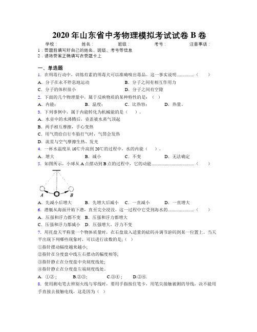 2020年山东省中考物理模拟考试试卷B卷附解析