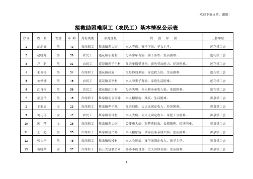 拟救助困难职工农民工基本情况公示表