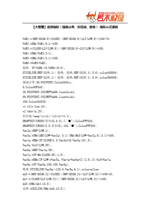 【股票指标公式下载】-【大智慧】逃顶指标(强弱分界、价位线、趋势)