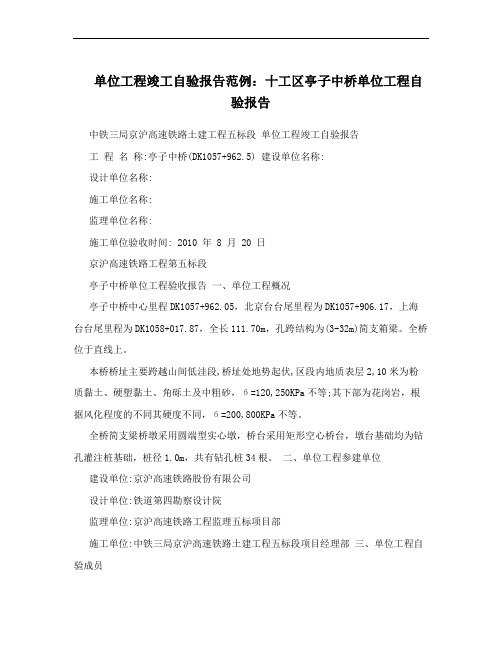 单位工程竣工自验报告范例：十工区亭子中桥单位工程自验报告