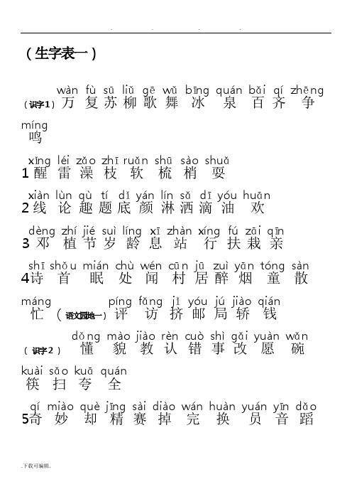 一年级语文(下册)生字表带拼音(人教版)