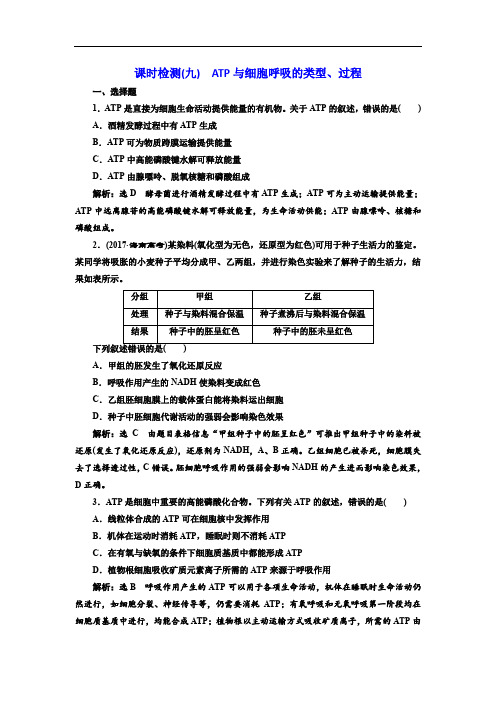 2020届高考全国卷人教版生物一轮复习课时检测(九) ATP与细胞呼吸的类型、过程 Word版含解析