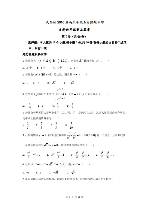 湖北省武汉市武昌区2016届高三5月调研考试数学(文word含答案 )试题