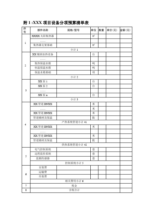 项目设备分项预算清单表