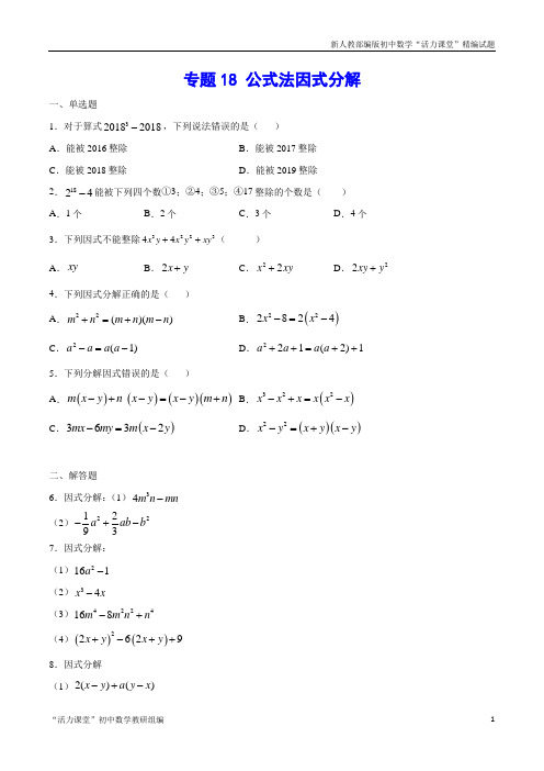 人教版八年级数学上册专题18 公式法因式分解(原卷版)