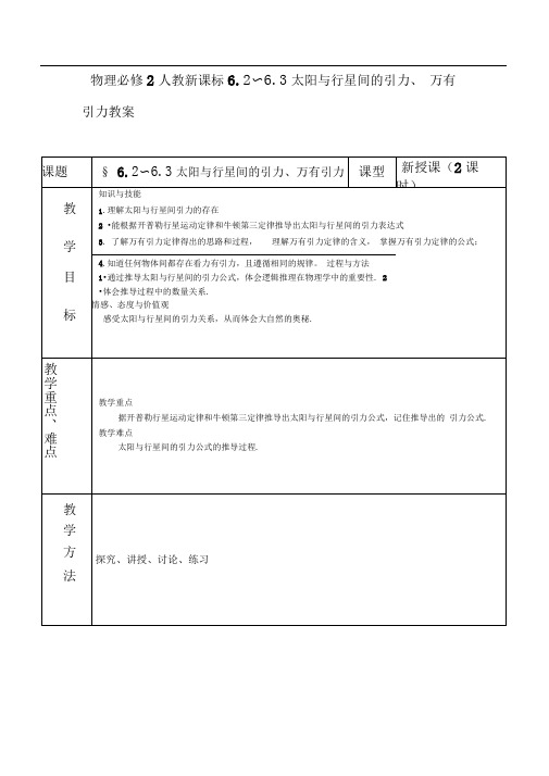 人教版必修二6.2《太阳与行星间的引力》WORD教案9