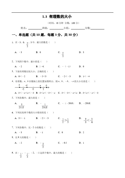 1.3  有理数的大小同步练习 2024-2025学年沪科版数学七年级上册 