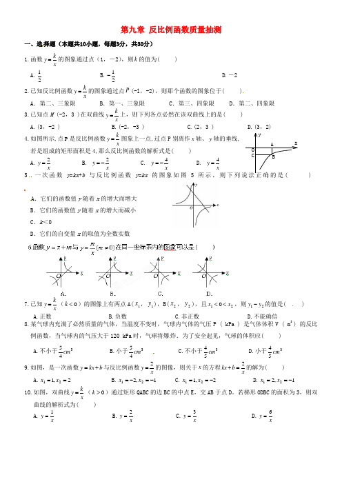 八年级数学下册第九章反比例函数单元检测新人教版