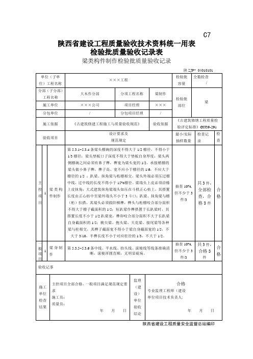 梁类构件制作检验批质量验收记录