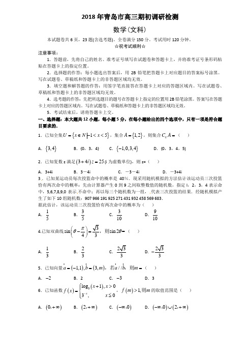 山东省青岛市2019届高三9月期初调研检测数学(文)试题及答案