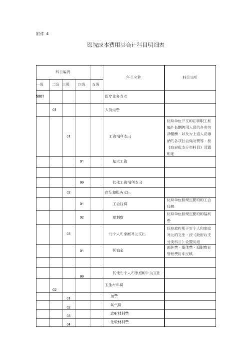 医院成本费用类会计科目明细表