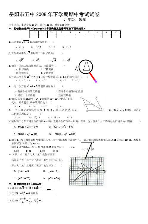 岳阳市五中2008年下学期期中考试试卷