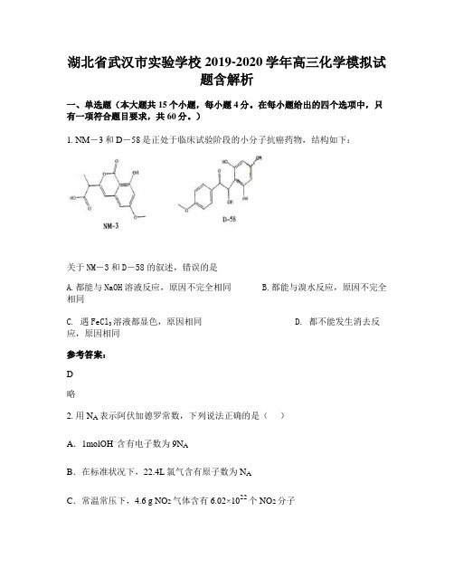 湖北省武汉市实验学校2019-2020学年高三化学模拟试题含解析