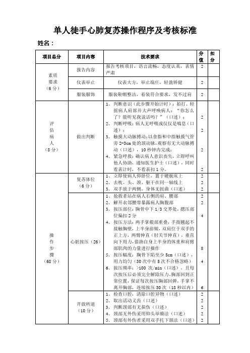 单人徒手心肺复苏操作评分标准