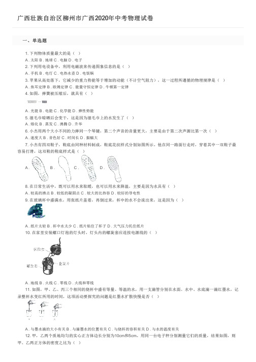 广西壮族自治区柳州市广西2020年中考物理试卷及参考答案