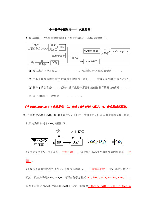 中考化学专题复习工艺流程题试题答案