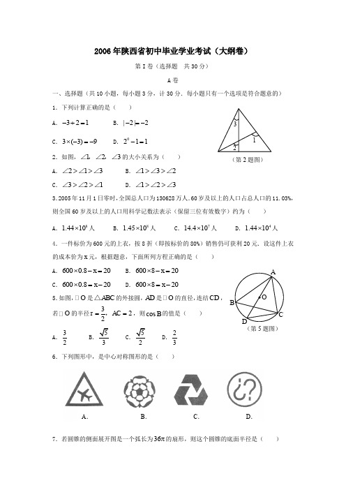 2006年陕西初中毕业学业考试大纲卷