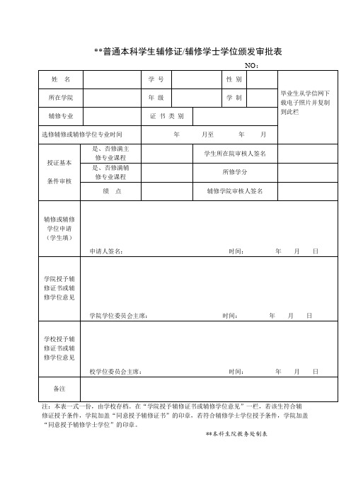 普通本科学生辅修、辅修学士学位颁发审批表模板