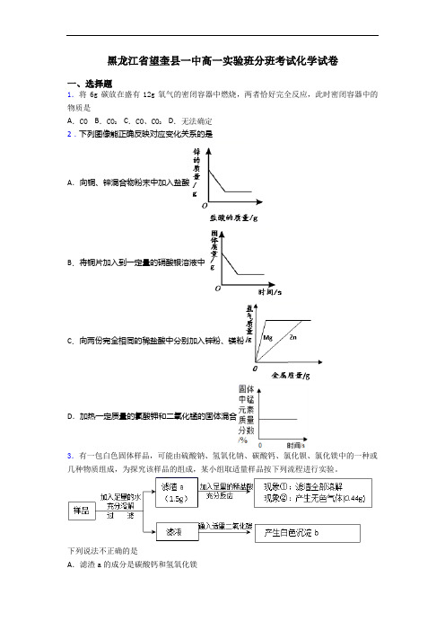 黑龙江省望奎县一中高一实验班分班考试化学试卷