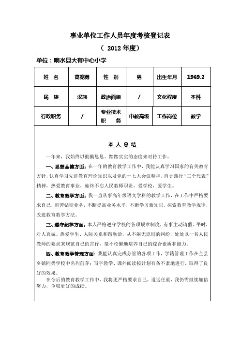 事业单位工作人员年度考核登记表