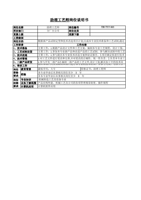 助理工艺师岗位说明书